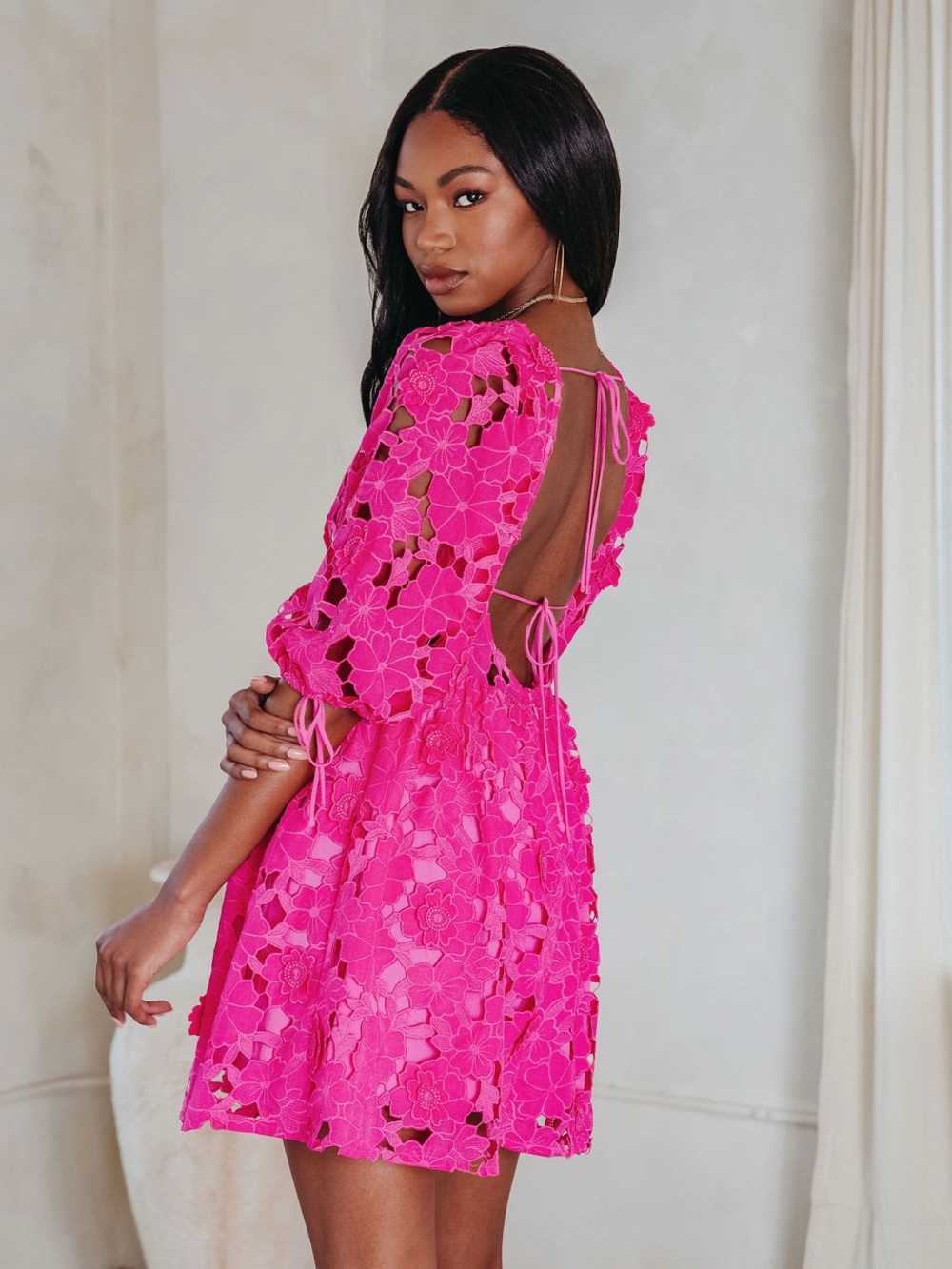 Hot Pink Floral Lace Mini Dress - Women's Open-Back Dress